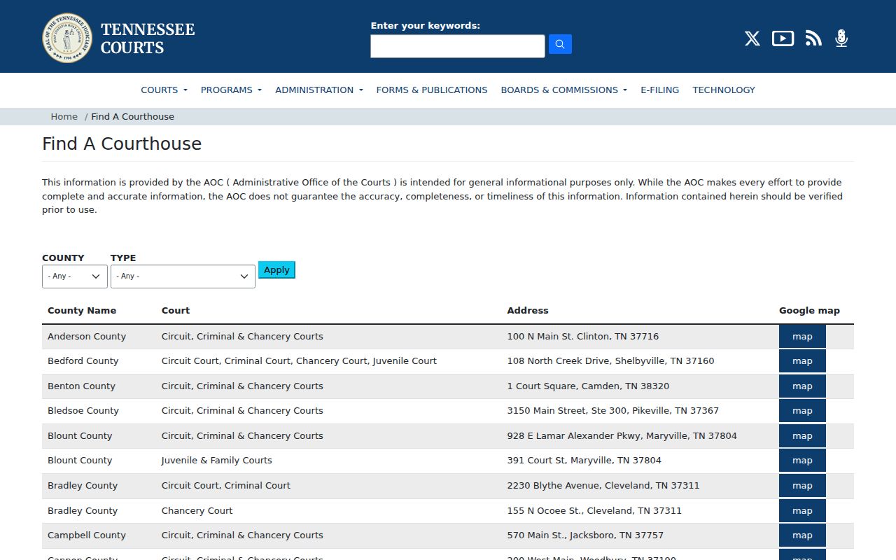 Trousdale County court calendar courthouse locator