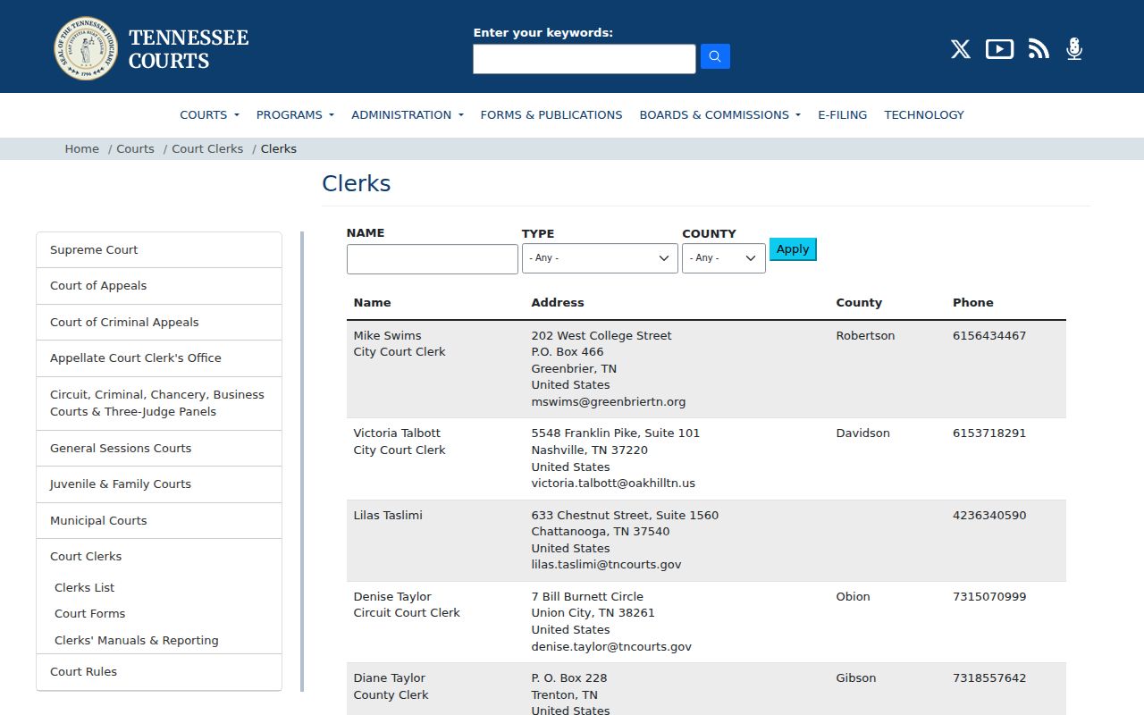 Trousdale County court clerk listing in the Tennessee AOC directory