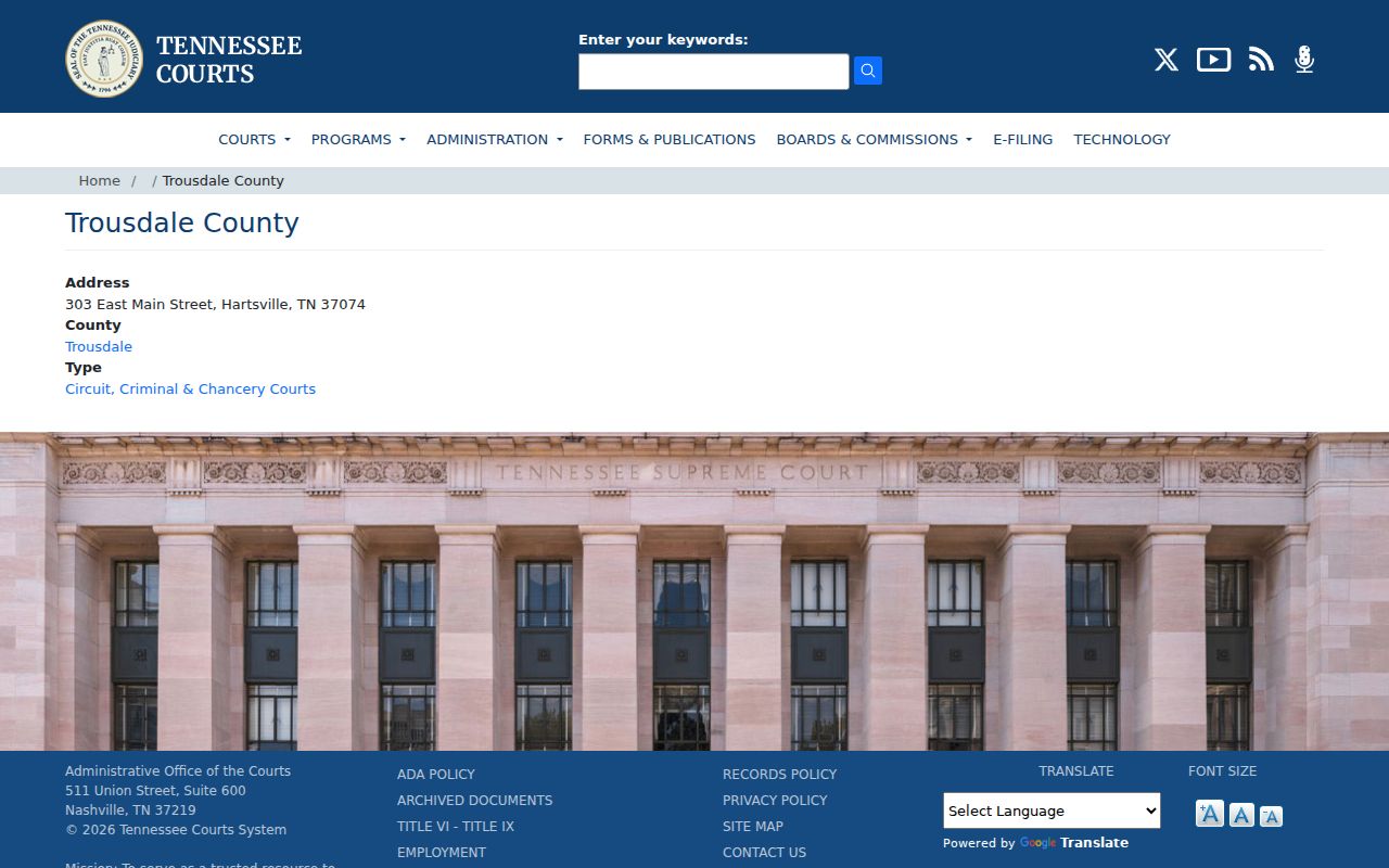 Trousdale County court location in the Tennessee AOC courthouse directory